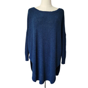 Express Blue Tunic Sweater Y2K Women L Shaker Knit 3/4 Sleeve Preppy Office Work